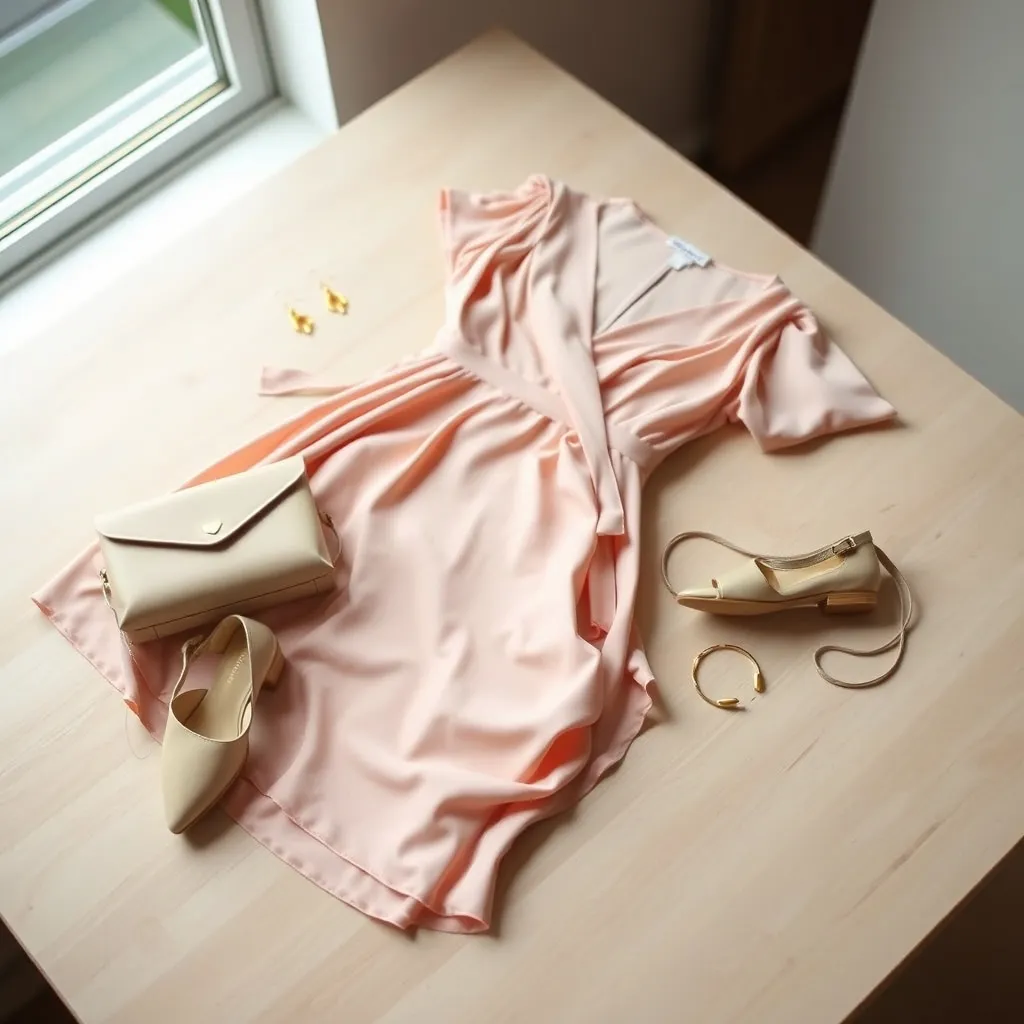 Composition complète d'une tenue d'invitée pour communion : robe portefeuille, sandales et accessoires coordonnés