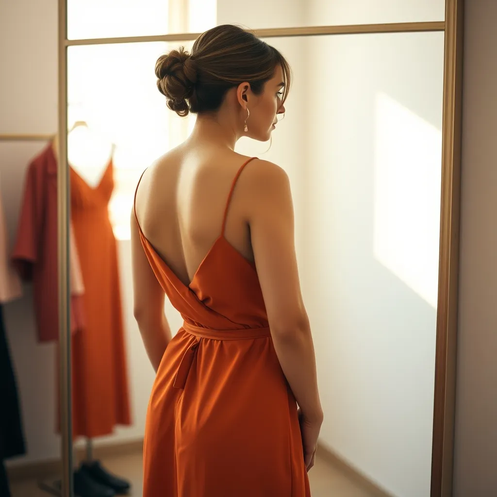 Essayage d'une robe portefeuille couleur terracotta, coupe idéale pour les morphologies H et X