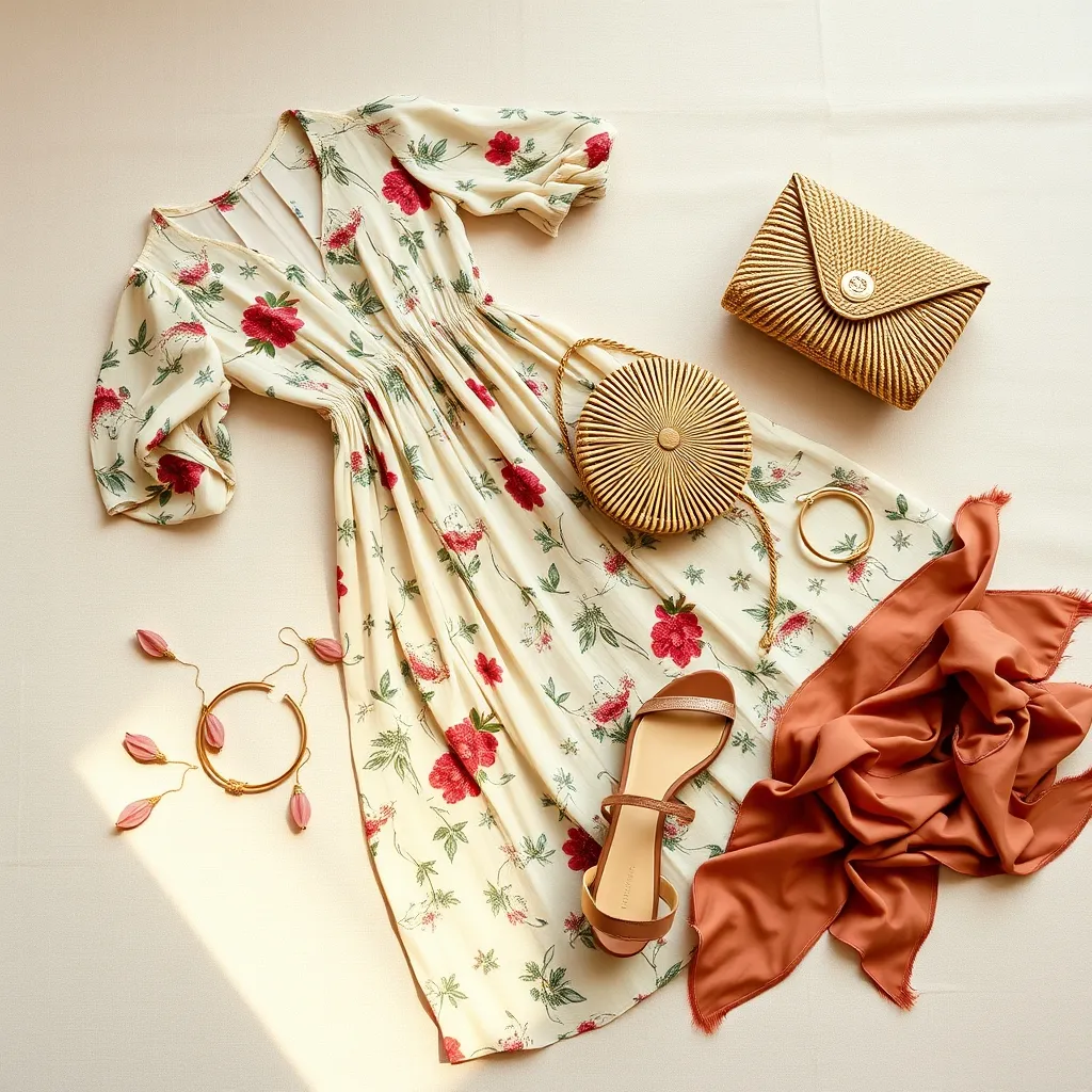 La tenue complète d'invitée : robe à imprimé floral, sandales à talon bloc, pochette en paille et bijoux dorés