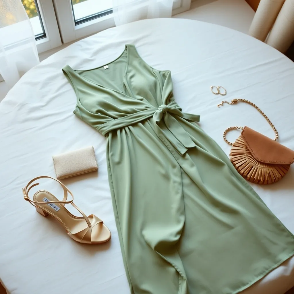 Sélection complète d'une tenue d'invitée de mariage estival en vert sauge