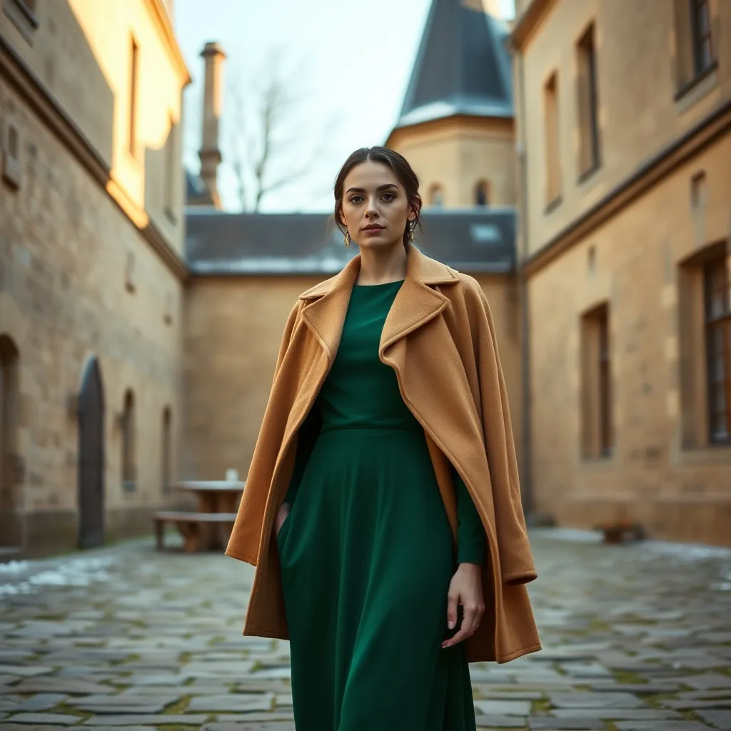 Robe midi vert émeraude et manteau camel pour une cérémonie en château