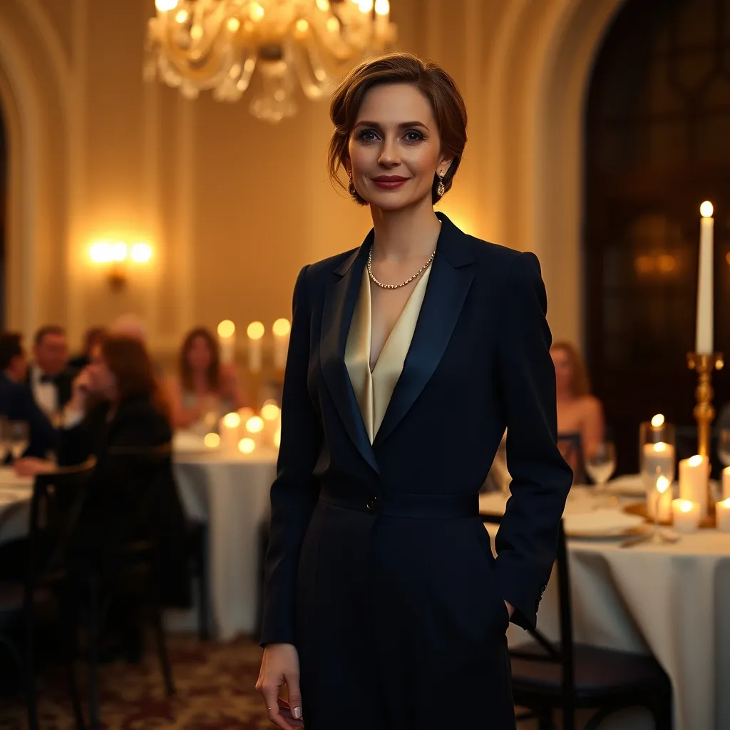 Ensemble pantalon bleu nuit et blouse satinée, une alternative chic à la robe