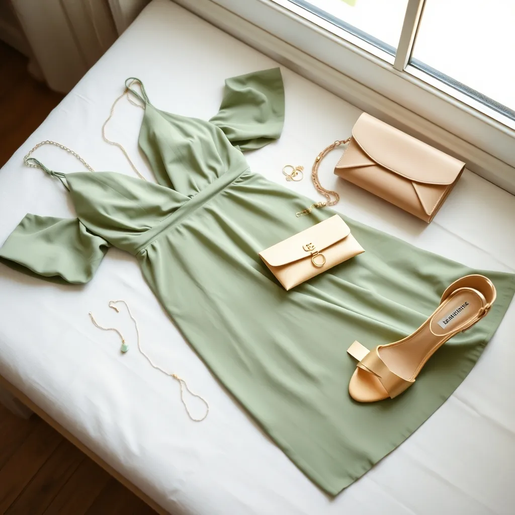 Sélection de tenue d'invitée pour un mariage en juin : robe sauge, sandales dorées et accessoires