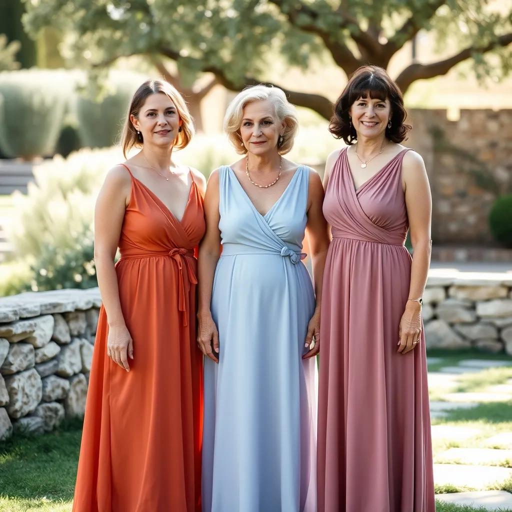 Trois invitées de morphologies différentes en tenues adaptées pour un mariage de juin