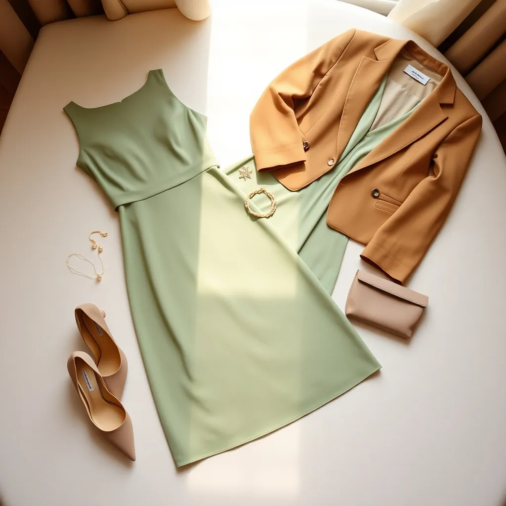 Sélection de pièces dans les tons de septembre : vert sauge, camel et accessoires dorés