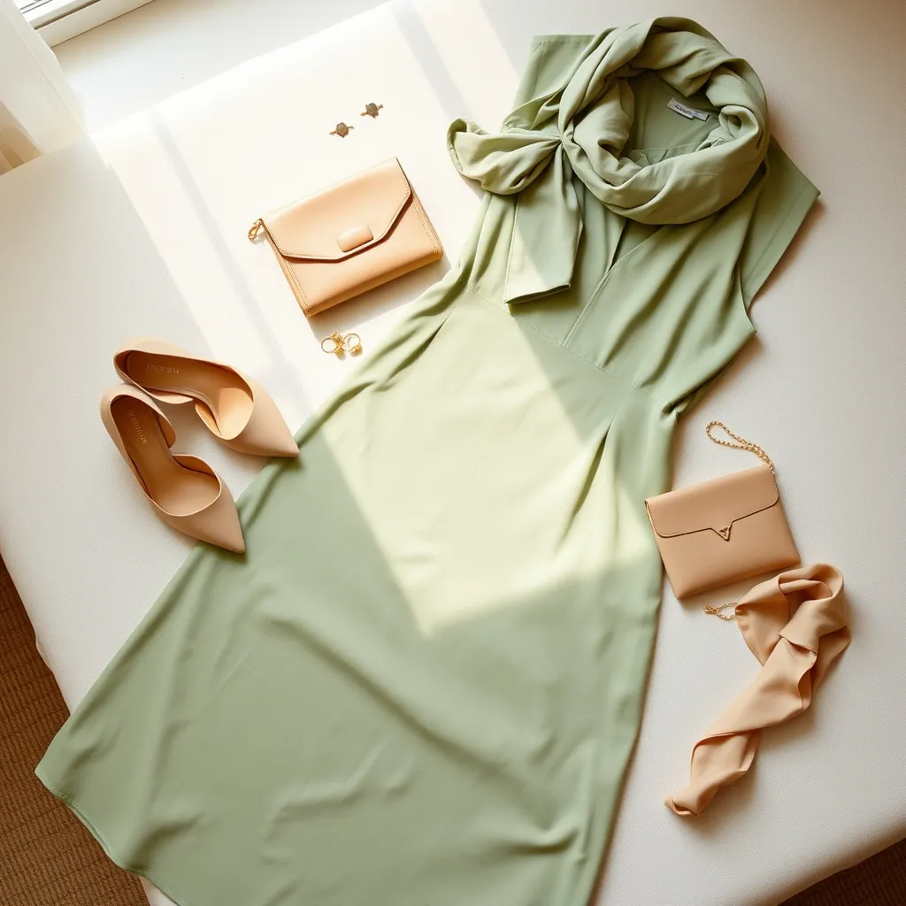 Sélection complète pour un baptême : robe vert sauge, escarpins nude, pochette et bijoux dorés