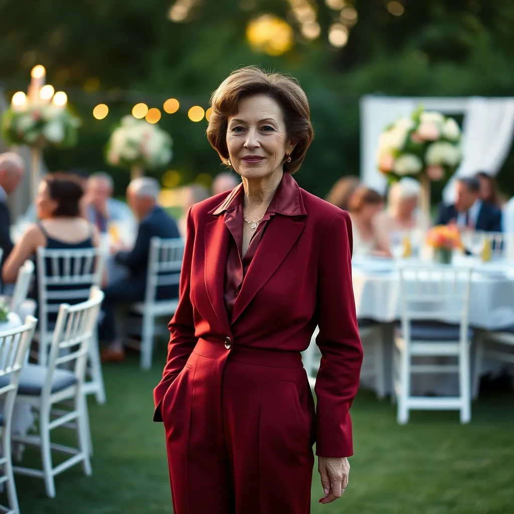 L'alternative pantalon palazzo bordeaux avec blouse en soie pour une mère de mariée moderne