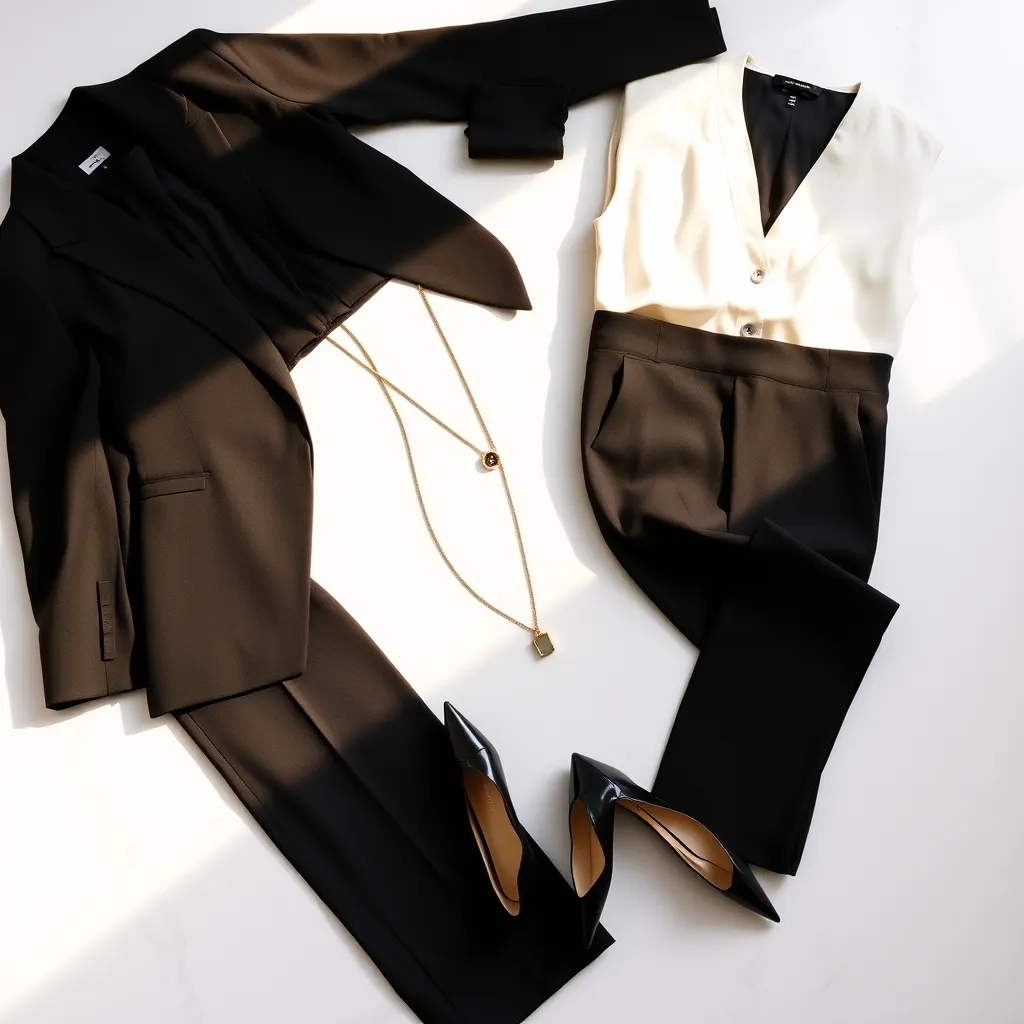 Les pièces essentielles d'une garde-robe amincissante : blazer ajusté, pantalon taille haute, blouse col en V et accessoires verticaux