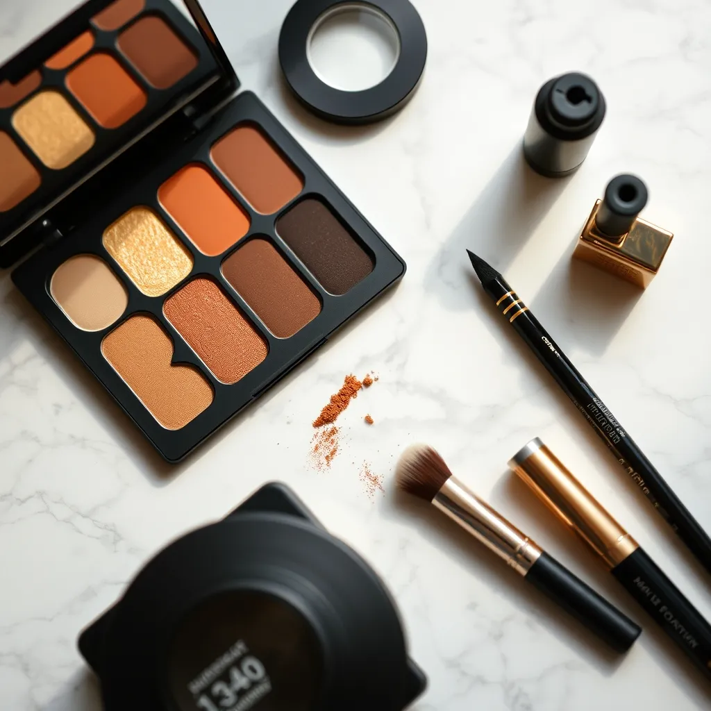 Palette de fards chauds et pinceaux essentiels pour maquiller les yeux marrons