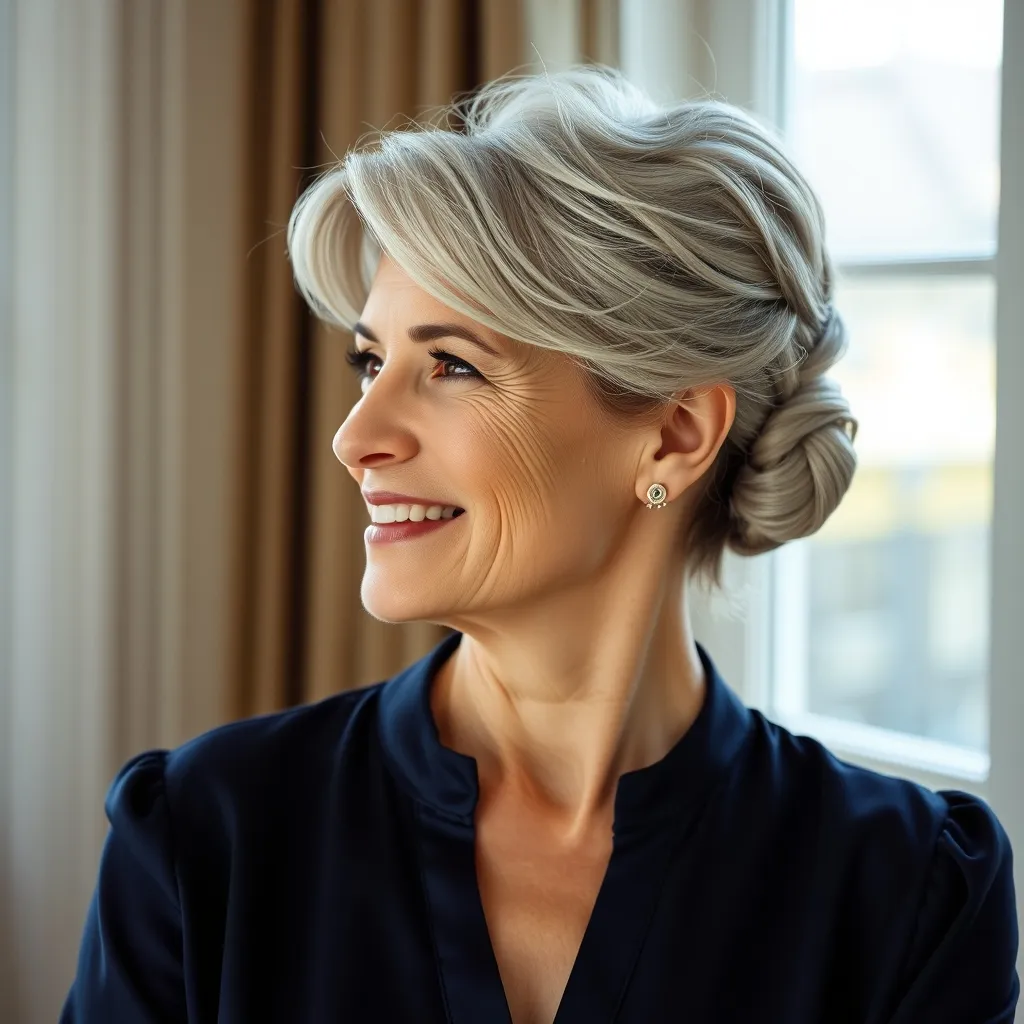 Le chignon bas bohème après 50 ans avec du volume sur le dessus pour un effet lifting naturel
